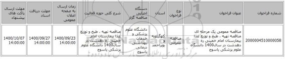 مناقصه عمومی یک مرحله ای مناقصه    تهیه ، طبخ و توزیع غذا   بیمارستان امام خمینی ره دهدشت   در سال1400   دانشگاه علوم پزشکی یاسوج