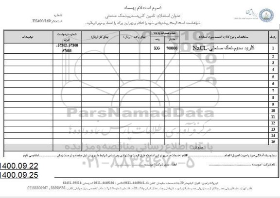 استعلام تامین کلرید سدیم،نمک صنعتی