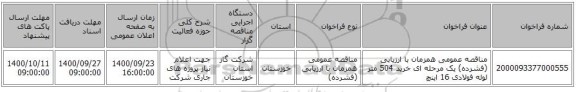 مناقصه عمومی همزمان با ارزیابی (فشرده) یک مرحله ای خرید 504 متر لوله فولادی 16 اینچ 