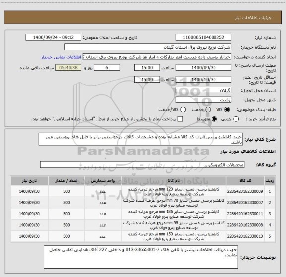 استعلام خرید کابلشو پرسی/ایران کد کالا مشابه بوده و مشخصات کالای درخواستی برابر با فایل های پیوستی می باشد.