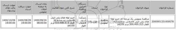 مناقصه عمومی یک مرحله ای خرید لوله های پلی اتیلن فاضلابی دو جداره به اقطار 500،400،315 م.م pe100