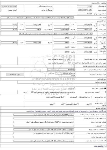 مزایده  فروش 6 خانه بهداشت شامل خانه های بهداشت ارداق، اک، نرجه، طرویزک، ضیاء آباد و شنستق سفلی  