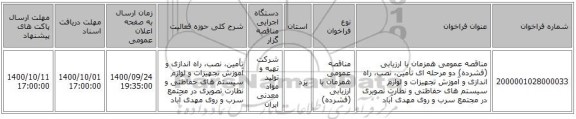 مناقصه عمومی همزمان با ارزیابی (فشرده) دو مرحله ای تأمین، نصب، راه اندازی و آموزش تجهیزات و لوازم سیستم های حفاظتی و نظارت تصویری در مجتمع سرب و روی مهدی آباد