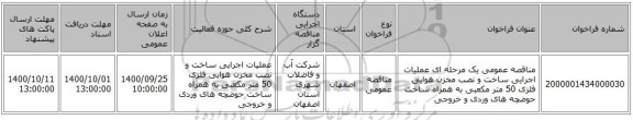 مناقصه عمومی یک مرحله ای عملیات اجرایی ساخت و نصب مخزن هوایی فلزی 50 متر مکعبی  به همراه ساخت حوضچه های وردی و خروجی