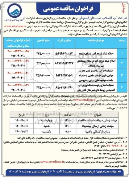 مناقصه، مناقصه اصلاح شبکه توزیع آب روستای بتلیجه	.....