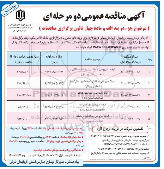 مناقصه ایجاد سرویس بهداشتی- نوبت دوم