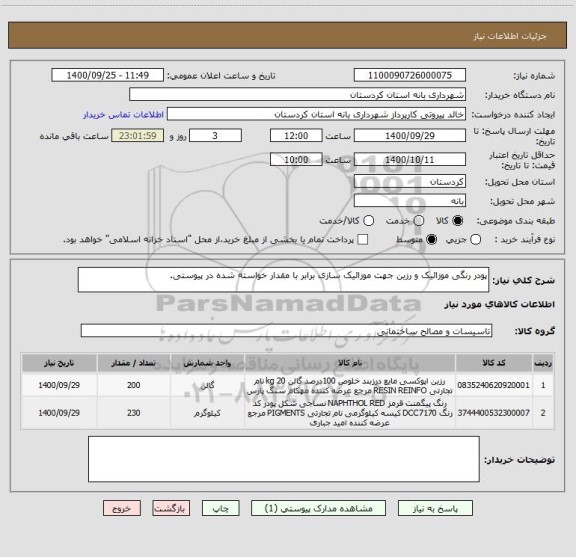 استعلام پودر رنگی موزائیک و رزین جهت موزائیک سازی برابر با مقدار خواسته شده در پیوستی.