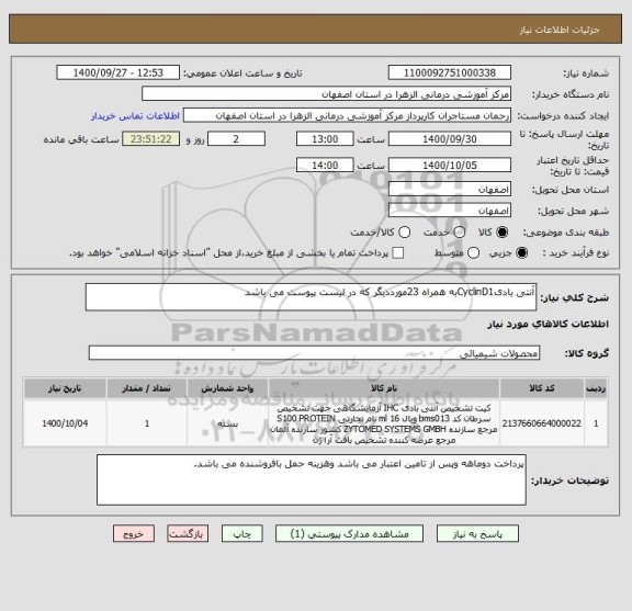 استعلام آنتی بادیCyclinD1به همراه 23مورددیگر که در لیست پیوست می باشد