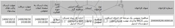 مناقصه عمومی یک مرحله ای اجرای اسکلت بنتی (2)90 واحدی نهضت مسکن ملی شهرستان اردبیل