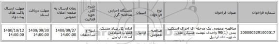 مناقصه عمومی یک مرحله ای اجرای اسکلت بنتی (1)90 واحدی نهضت مسکن ملی شهرستان اردبیل