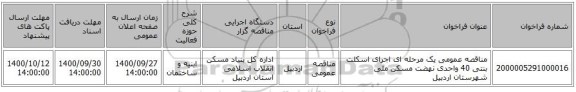 مناقصه عمومی یک مرحله ای اجرای اسکلت بنتی 40 واحدی نهضت مسکن ملی شهرستان اردبیل