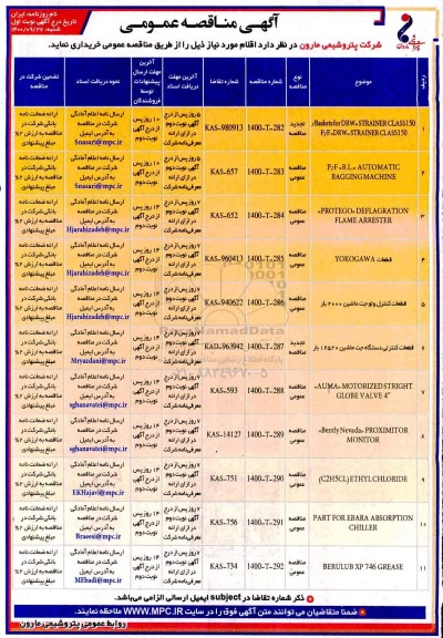 مناقصه Baskets for DRW STRAINER... 