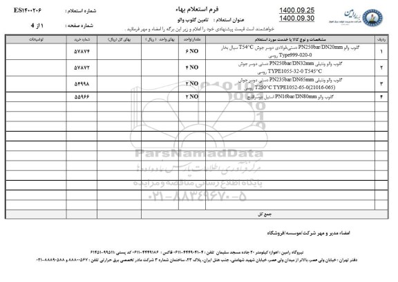 استعلام، استعلام تامین گلوب والو 