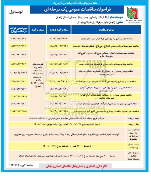 مناقصه، مناقصه عمومی بهسازی راه روستایی... 