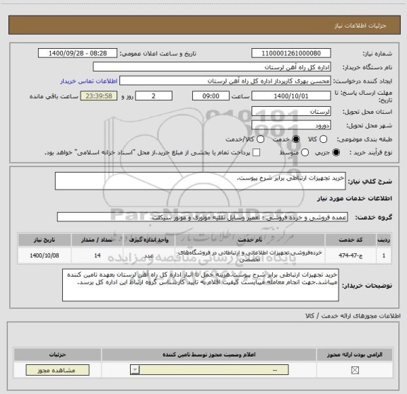 استعلام خرید تجهیزات ارتباطی برابر شرح پیوست.