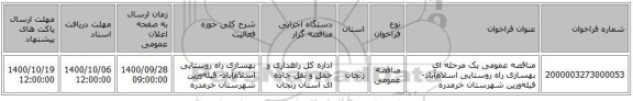 مناقصه عمومی یک مرحله ای بهسازی راه روستایی اسلام‌آباد- فیله‌ورین شهرستان خرمدره 