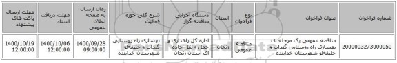 مناقصه عمومی یک مرحله ای بهسازی راه روستایی گنداب و خلیفه‌لو شهرستان خدابنده 