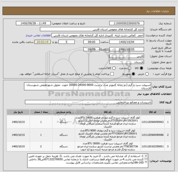 استعلام اسپیلت سرد و گرم (دو زمانه )اینورتر مدل تراست 9000-24000-30000 جهت  تحویل شهرلطیفی شهرستان لارستان 