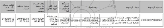 مناقصه عمومی همزمان با ارزیابی (فشرده) یک مرحله ای خرید لوازم یدکی تصحیح کننده های حجمی گاز 