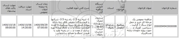 مناقصه عمومی یک مرحله ای خرید و حمل انواع سنگ ( گرانیت ، سرپانتین، کوبیک و . . . ) جهت پروژه جلوخان پایانه مسافربری