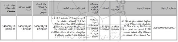 مناقصه عمومی یک مرحله ای بکارگیری پنج دستگاه لودر (مدل2010 به بالا - ZL50 -L120  ) بصورت ساعتی - دو دستگاه برای شیفت شب و سه دستگاه برای شیفت روز 