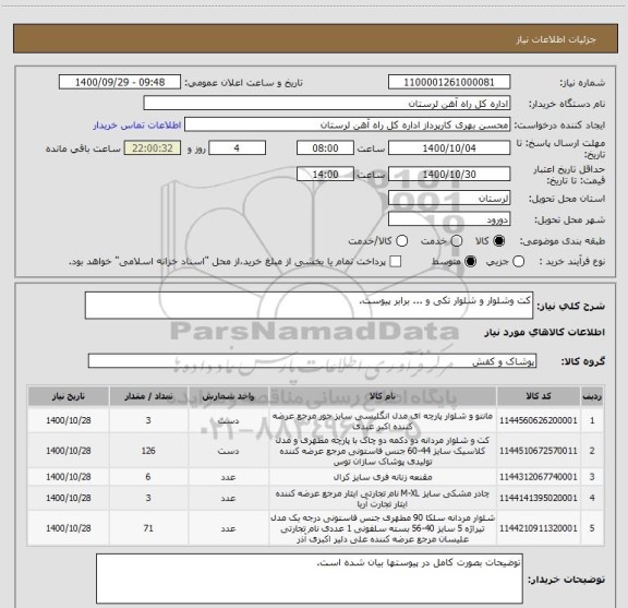 استعلام کت وشلوار و شلوار تکی و ... برابر پیوست.