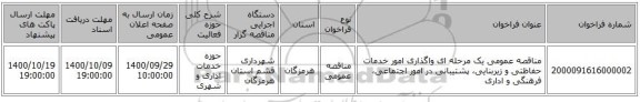 مناقصه عمومی یک مرحله ای واگذاری امور خدمات حفاظتی و زیربنایی، پشتیبانی در امور اجتماعی، فرهنگی و اداری