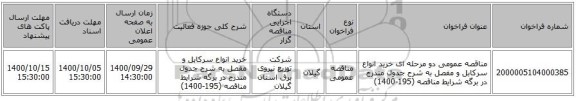 مناقصه عمومی دو مرحله ای خرید انواع سرکابل و مفصل به شرح جدول مندرج در برگه شرایط مناقصه (195-1400)