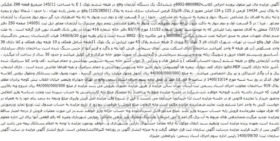 آگهی مزایده ششدانگ یک دستگاه آپارتمان واقع در طبقه ششم بلوک 1 E به مساحت 145/11 مترمربع 