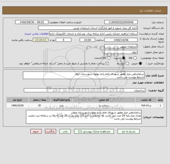 استعلام ساماندهی مزار مطهر شهدای امام زاده بهلول شهرستان خوی
شرایط پیوست می باشد