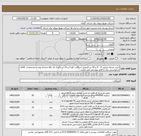 استعلام خرید تسمه برزنتی 3 - 5 و 10 تن//زنجیر سرقلاب کج 3 و 10 تن//ایران کد کالا مشابه بوده و مشخصات کالای درخواستی برابر با فایل پیوستی می باشد.