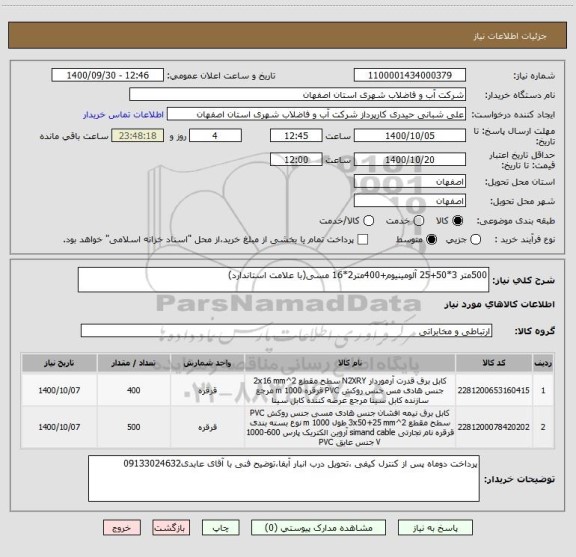 استعلام 500متر 3*50+25 آلومینیوم+400متر2*16 مسی(با علامت استاندارد)