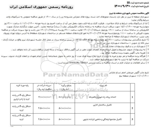 مناقصه احداث پیاده راه شهریار باغمیشه ...