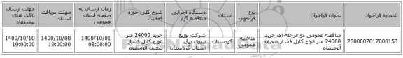 مناقصه عمومی دو مرحله ای خرید 24000 متر انواع کابل فشار ضعیف آلومینیوم