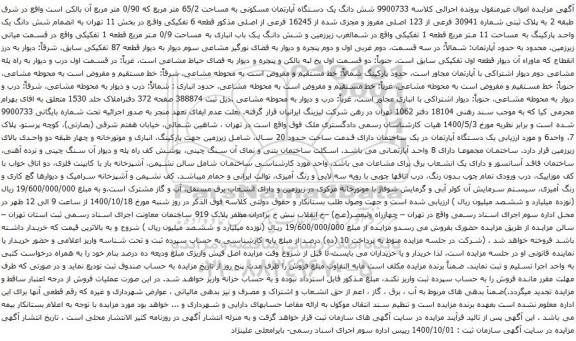 آگهی مزایده شش دانگ یک دستگاه آپارتمان مسکونی به مساحت 65/2 متر مربع که 0/90 متر مربع