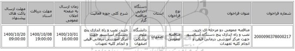 مناقصه عمومی دو مرحله ای خرید، نصب و راه اندازی پنج دستگاه آسانسور جهت مرکز آموزشی درمانی فیض و انجام کلیه تعهدات