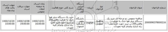 مناقصه عمومی دو مرحله ای خرید یک دستگاه چیلر هوا خنک به ظرفیت واقعی255 تن تبرید جهت خرید،نصب ،راه اندازی وانجام کلیه تعهدات 