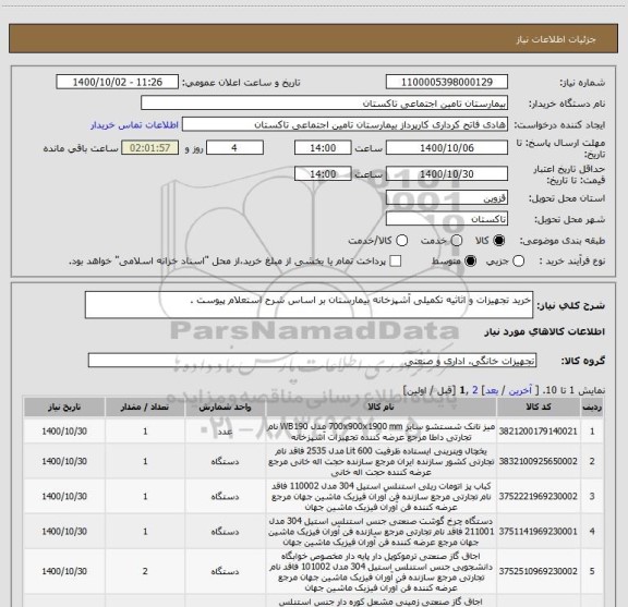 استعلام خرید تجهیزات و اثاثیه تکمیلی آشپزخانه بیمارستان بر اساس شرح استعلام پیوست .
 