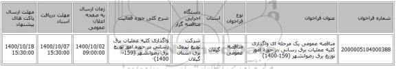 مناقصه عمومی یک مرحله ای واگذاری کلیه عملیات برق رسانی در حوزه امور توزیع برق رضوانشهر (159-1400)