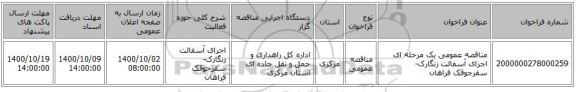 مناقصه عمومی یک مرحله ای اجرای آسفالت زنگارک-سقرجوقک فراهان