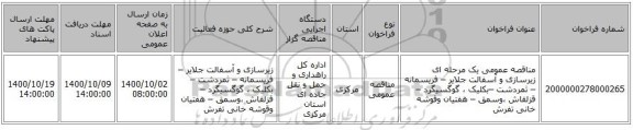 مناقصه عمومی یک مرحله ای زیرسازی و آسفالت جلایر – فریسمانه – ثمردشت –بکلیک ، گوگسیگرد – قزلقاش ،وسمق – هفتیان وقوشه خانی تفرش 