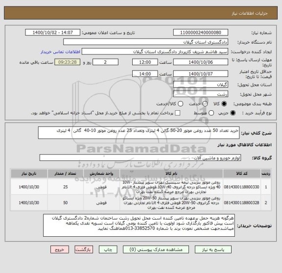 استعلام خرید تعداد 50 عدد روغن موتور 20-50 گالن 4 لیتری وتعداد 25 عدد روغن موتور 10-40  گالن  4 لیتری 