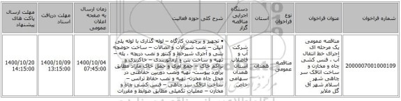 مناقصه عمومی یک مرحله ای اجرای خط انتفال آب ، فنس کشی چاه و مخازن و ساخت اتاقک سر چاهی شهر اسلام شهر آق گل ملایر