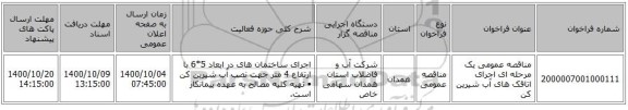 مناقصه عمومی یک مرحله ای اجرای اتاقک های آب شیرین کن