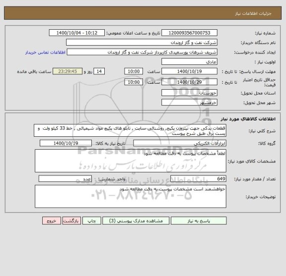 استعلام قطعات یدکی جهت نیتروژن پکیج, روشنائی سایت , تابلو های پکیج مواد شیمیائی , خط 33 کیلو ولت  و پست برق طبق شرح پیوست 