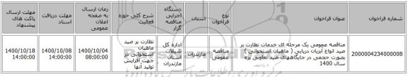 مناقصه عمومی یک مرحله ای خدمات نظارت بر صید انواع آبزیان دریایی ( ماهیان استخوانی ) بصورت حجمی در جایگاههای صید تعاونی پره سال 1400