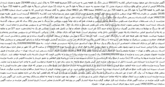 آگهی مزایده شش دانگ یک قطعه زمین به مساحت 225 مترمربع قطعه 724 به پلاک ثبتی شماره 25/4089 مفروز و مجزی شده از پلاک345 فرعی از اصلی