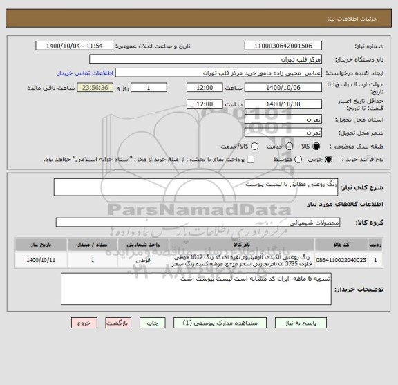 استعلام رنگ روغنی مطابق با لیست پیوست