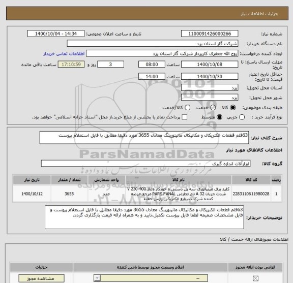 استعلام 63قلم قطعات الکتریکال و مکانیکال مانیتورینگ معادل 3655 مورد دقیقا مطابق با فایل استعلام پیوست 