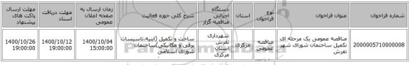 مناقصه عمومی یک مرحله ای تکمیل ساختمان شورای شهر تفرش